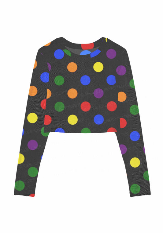 Rainbow Dots On Black Pride Y2K Mesh Long Sleeve Crop Top Cherrykitten
