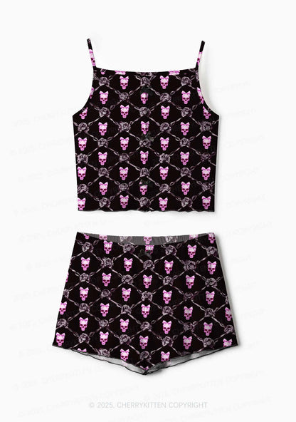 Halloween Pink Skull Y2K Print Cami Shorts Pajama Set Cherrykitten