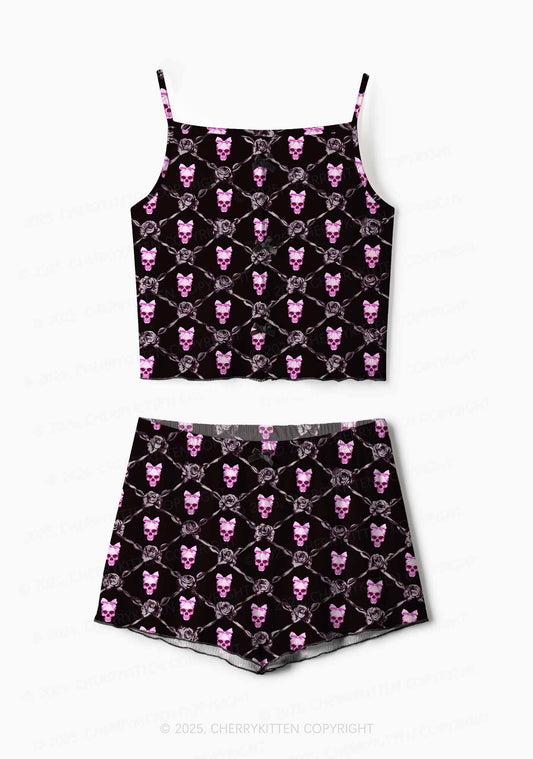 Halloween Pink Skull Y2K Print Cami Shorts Pajama Set Cherrykitten