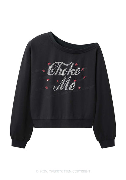 Rhinestone Choke Me Y2K Off Shoulder Sweatshirts Cherrykitten