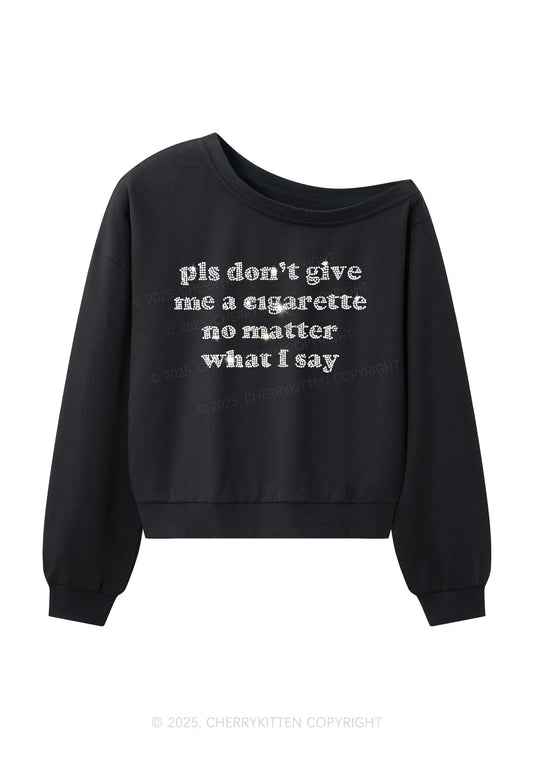 Rhinestone Dont Give Me Cigarette Y2K Off Shoulder Sweatshirts Cherrykitten