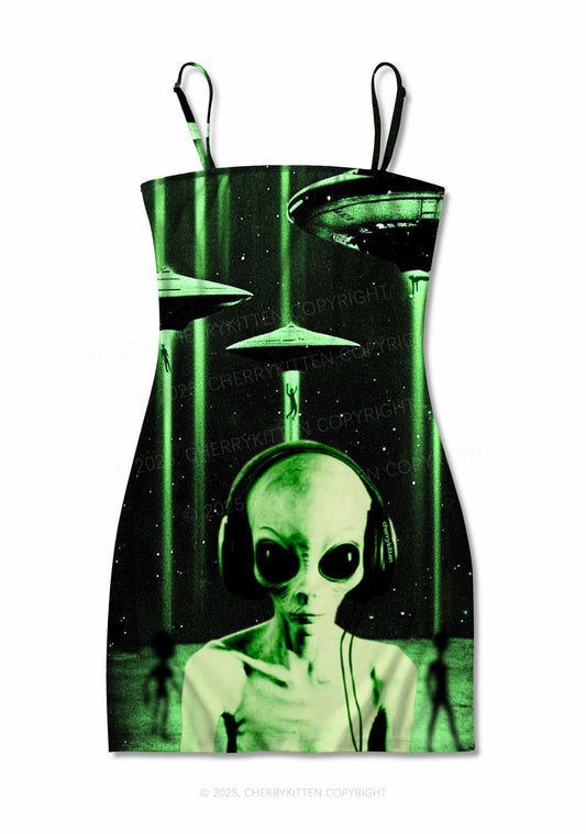 Halloween Alien DJ Y2K Print Slip Dress Cherrykitten
