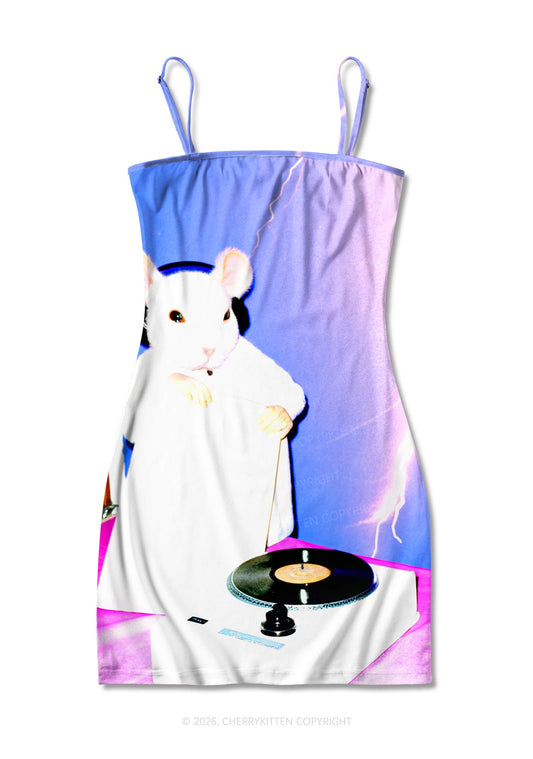 Neon Lightning DJ Rat Y2K Print Slip Dress Cherrykitten