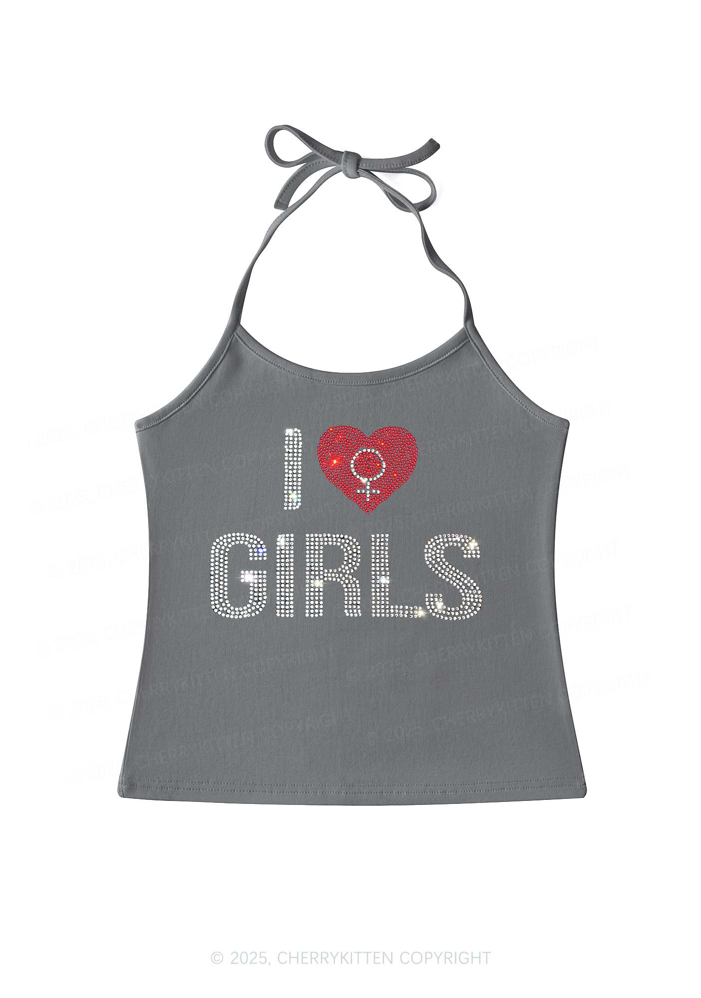 Rhinestone I Love Girls Pride Y2K Halter Neck Cami Cherrykitten