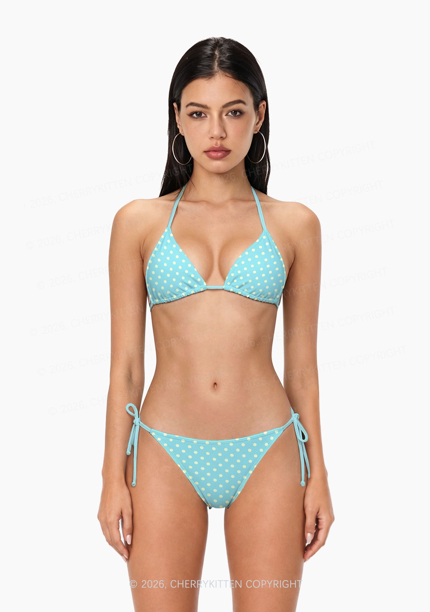 Yellow Dots On Blue Y2K Print Bikini Set Cherrykitten