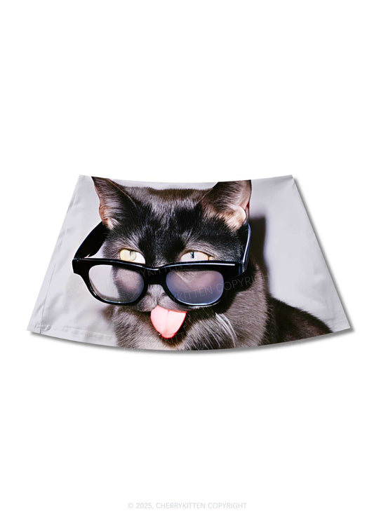 Glasses Cat Y2K Print Mini Skirt Cherrykitten