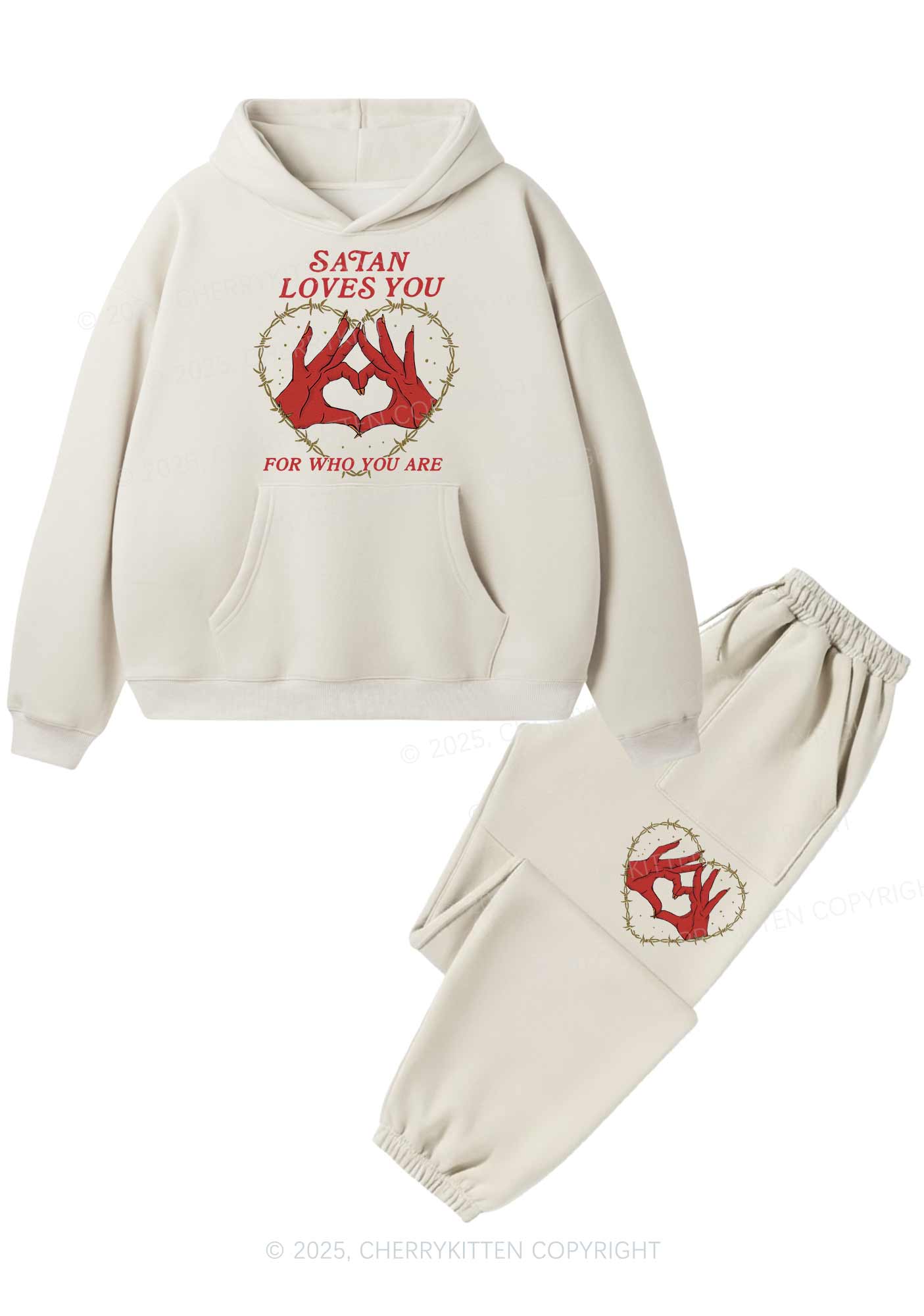Halloween Satan Loves You Heart Y2K Fleece Hoodie Set Cherrykitten