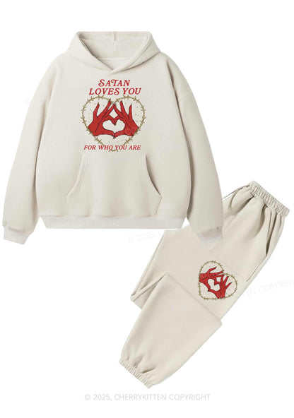 Halloween Satan Loves You Heart Y2K Fleece Hoodie Set Cherrykitten