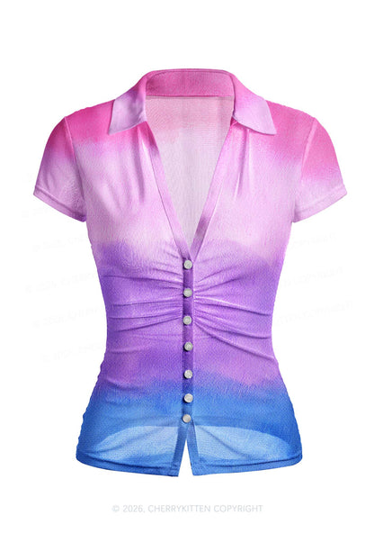 Bisexual Tie Dye Pride Y2K Mesh Ruched  Waist  V Neck Top Cherrykitten