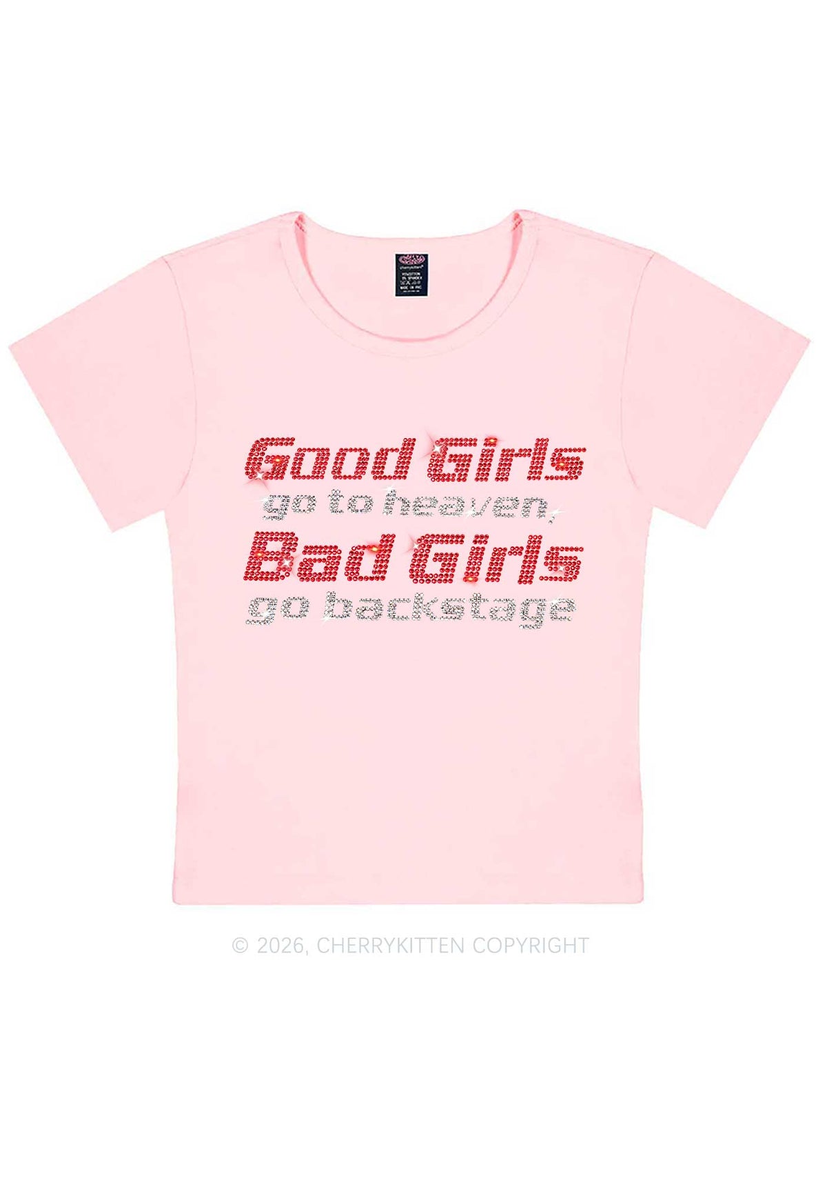 Rhinestone Bad Girls Go Backstage Y2K Baby Tee Cherrykitten