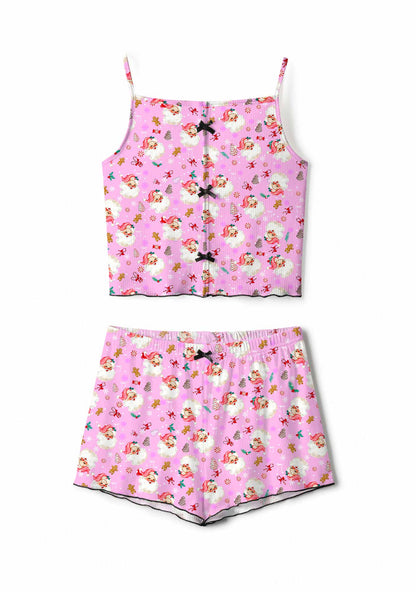 Christmas Pink Candy Santa Y2K Print Cami Shorts Pajama Set Cherrykitten