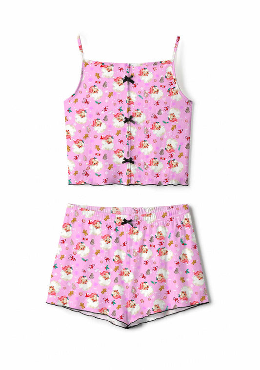 Christmas Pink Candy Santa Y2K Print Cami Shorts Pajama Set Cherrykitten