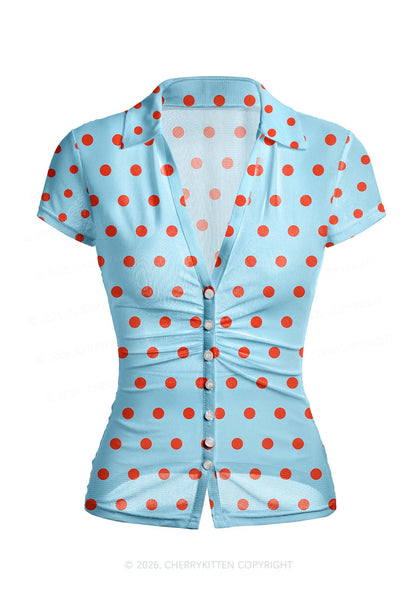 Red Dots On Blue Y2K Mesh Ruched  Waist  V Neck Top Cherrykitten