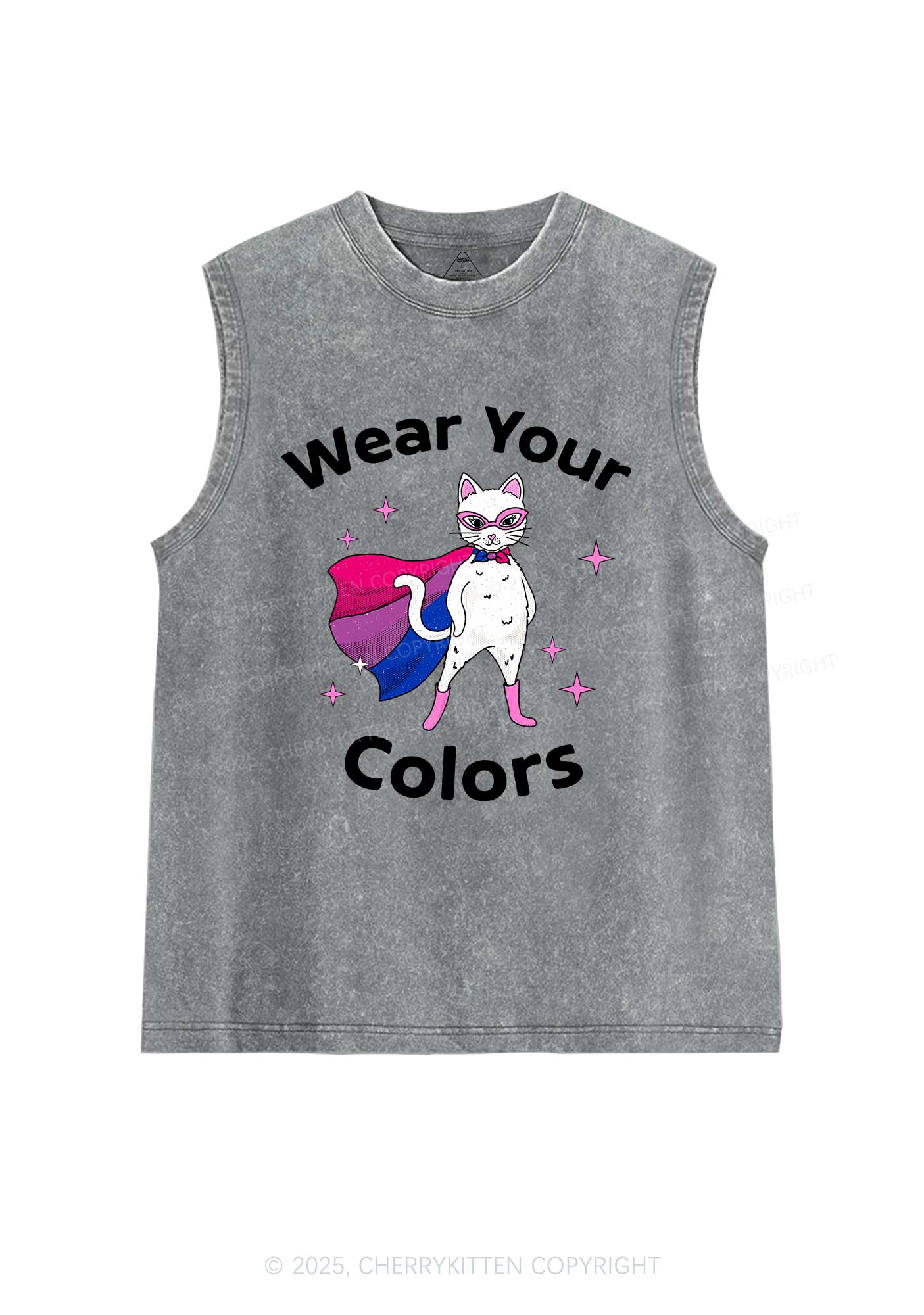Bisexual Flag Cat Pride Y2K Washed Muscle Tank Cherrykitten