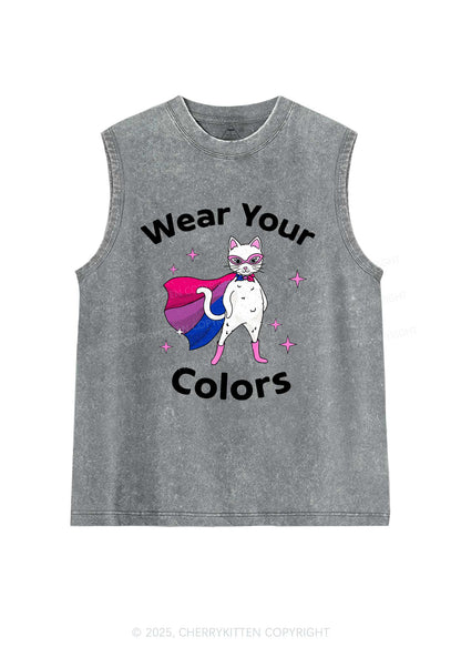Bisexual Flag Cat Pride Y2K Washed Muscle Tank Cherrykitten