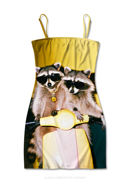 Raccoon Riders Y2K Print Slip Dress Cherrykitten