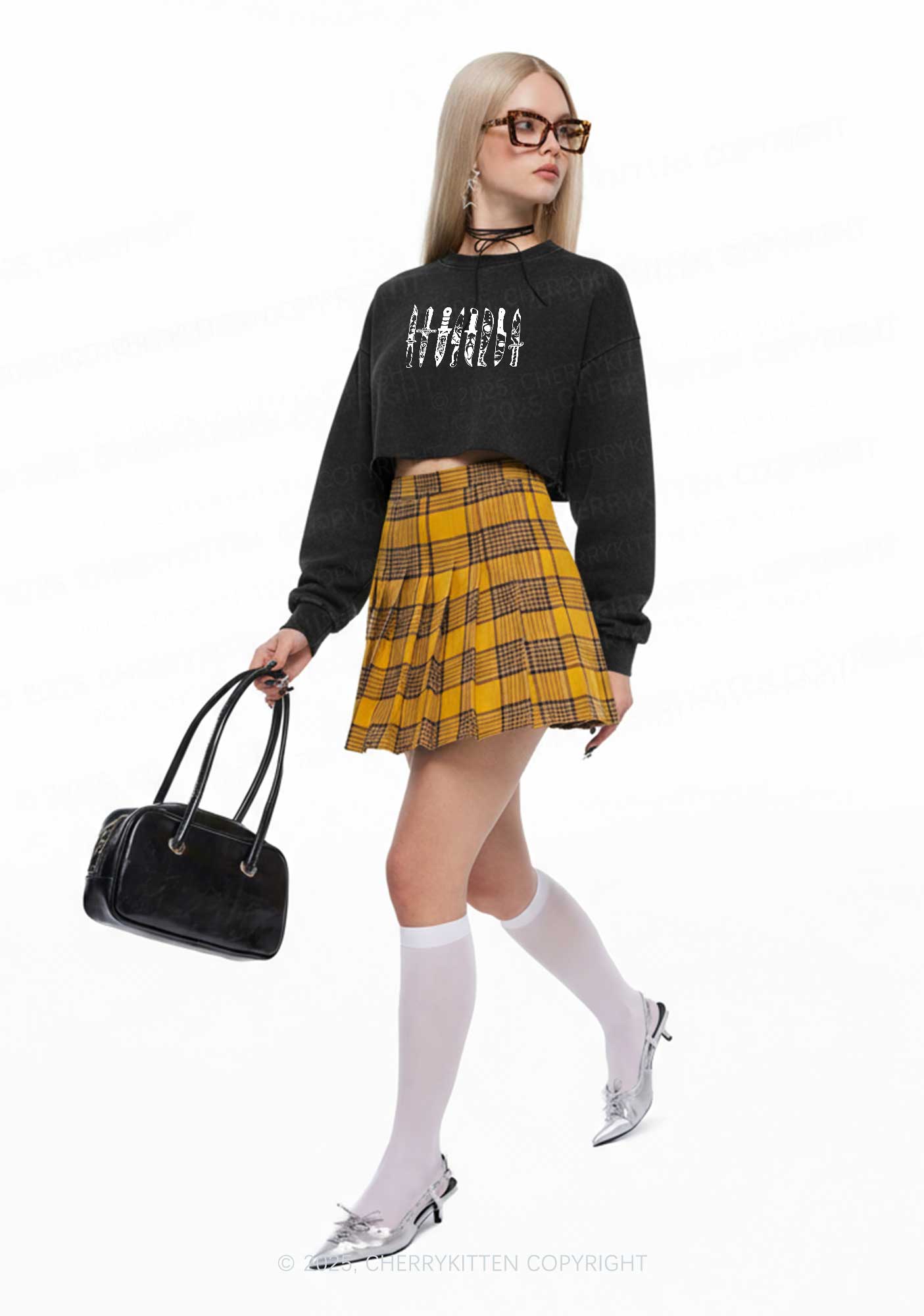 Halloween Grimace Daggers Y2K Crop Washed Sweatshirts Cherrykitten