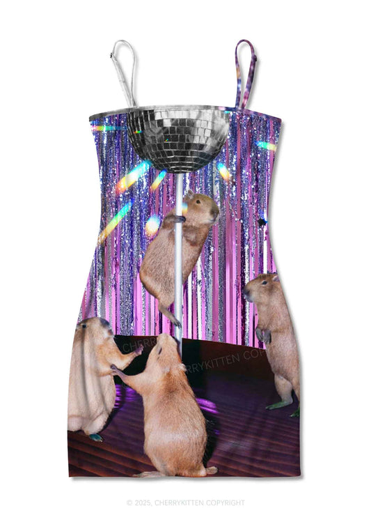 Capybaras Disco Night Y2K Print Slip Dress Cherrykitten