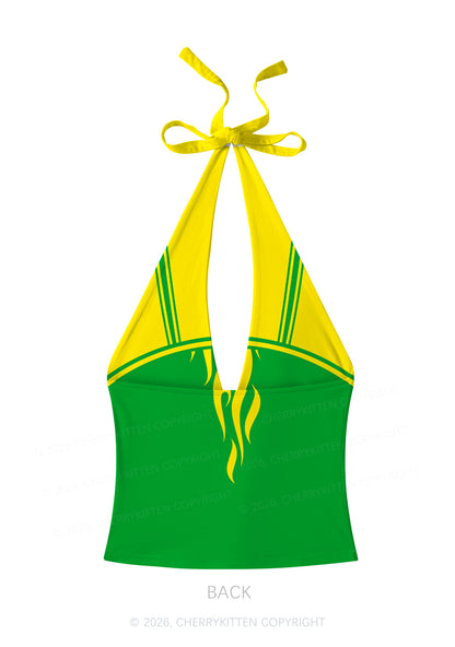 Yellow Green Flame Y2K Print Halter Deep V Neck Cami Cherrykitten