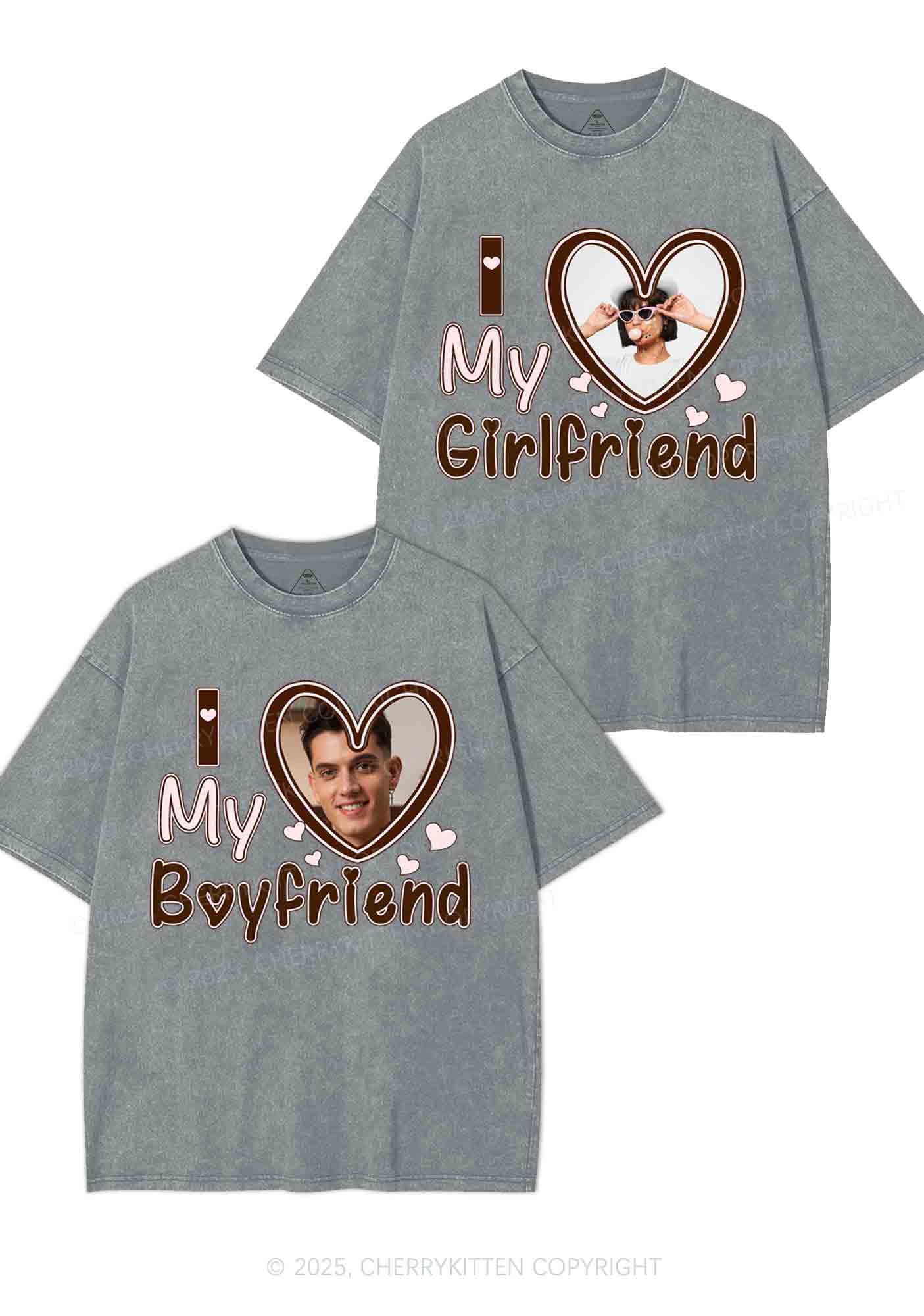 Custom BF GF Brown Heart Y2K Valentine's Day Washed Tee Cherrykitten