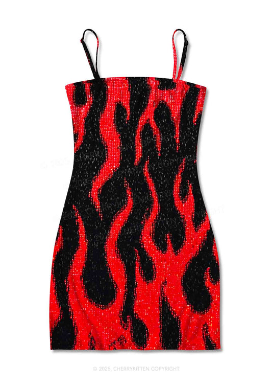 Glitter Flame Y2K Print Slip Dress Cherrykitten