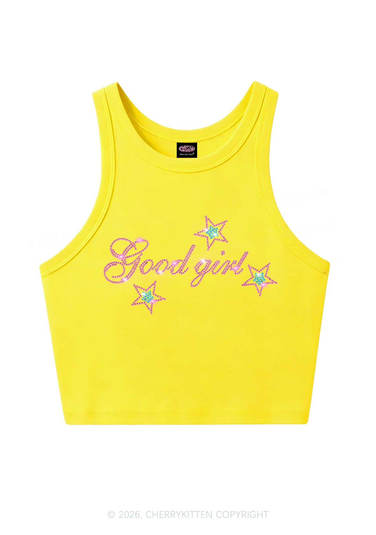 Rhinestone Good Girl Pink Star Y2K Crop Tank Top Cherrykitten