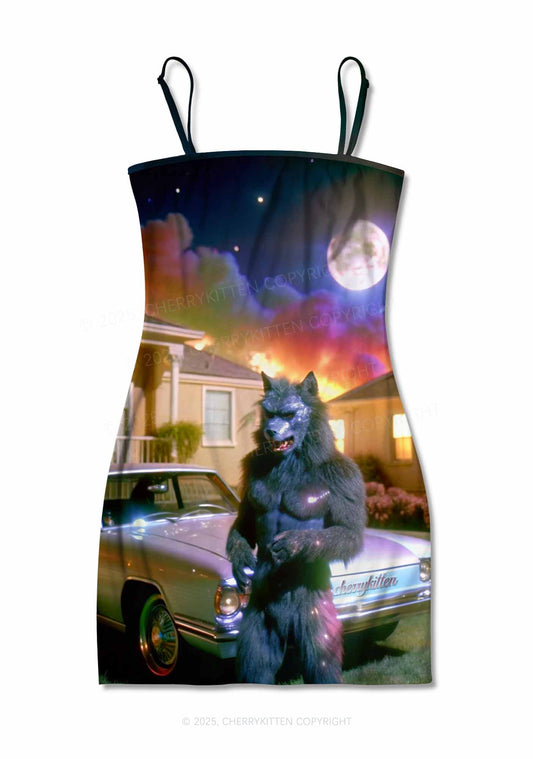 Halloween Moonlight Werewolf Y2K Print Slip Dress Cherrykitten