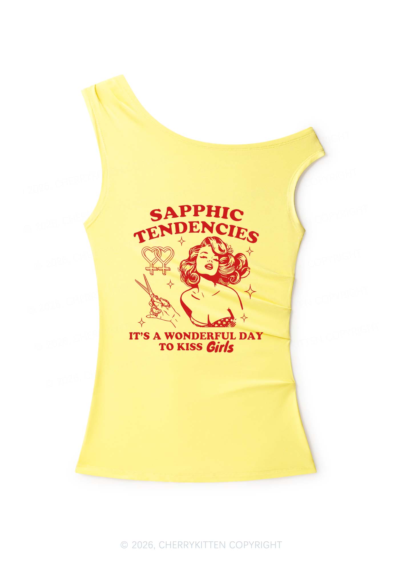 Sapphic Tendencies Kiss Girls Pride Y2K Off Shoulder Tank Top Cherrykitten