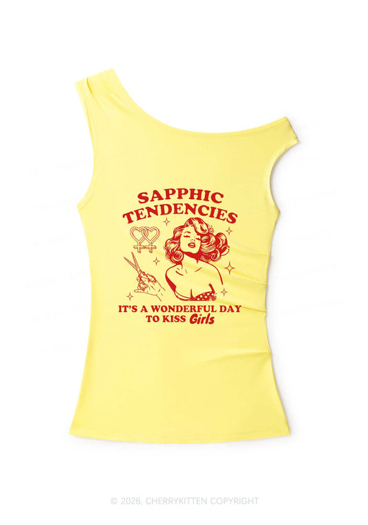 Sapphic Tendencies Kiss Girls Pride Y2K Off Shoulder Tank Top Cherrykitten