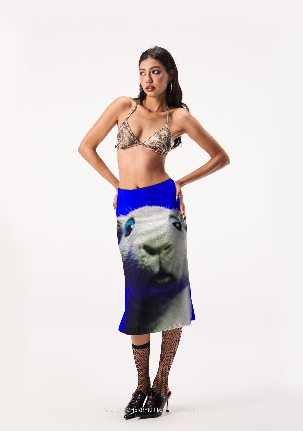 Guinea Pig On Blue Y2K Print Midi Skirt Cherrykitten