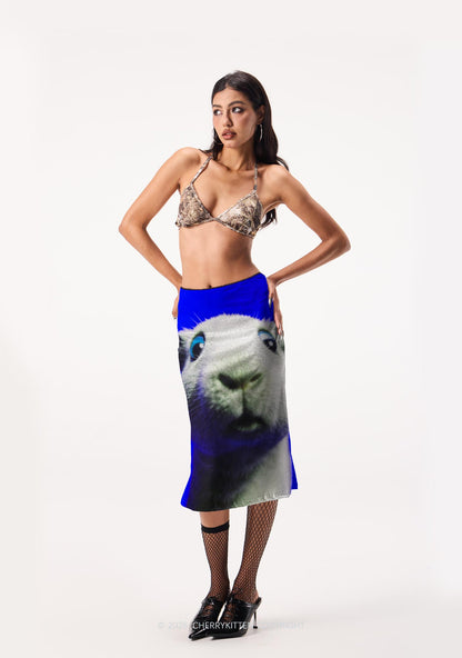 Guinea Pig On Blue Y2K Print Midi Skirt Cherrykitten