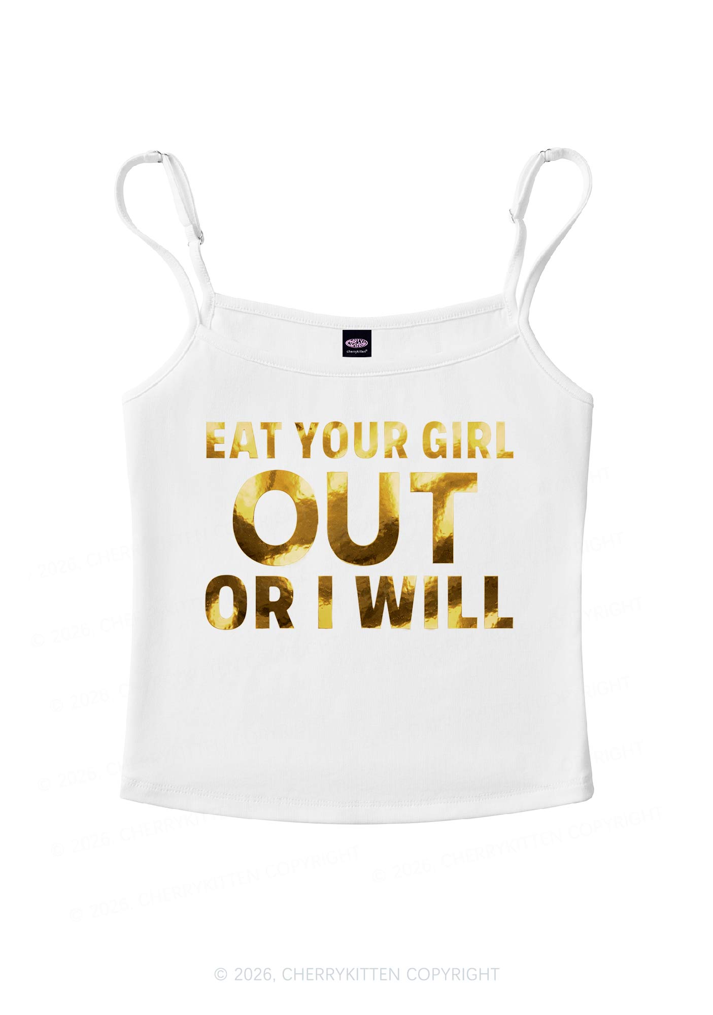 Eat Your Girl Out Silver Foil Printed Y2K Spaghetti Strap Cami Cherrykitten