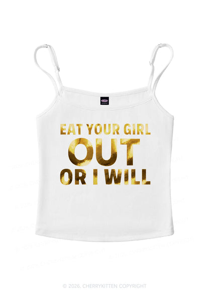 Eat Your Girl Out Silver Foil Printed Y2K Spaghetti Strap Cami Cherrykitten