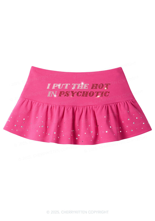 Rhinestone I Put The Hot In Psychotic Y2K Pink Ruffled Rhinestone Mini Skirt Cherrykitten
