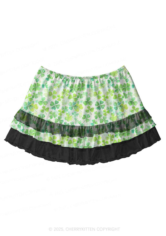 Green Shamrock Y2K Print Mini Layered Skirt Cherrykitten