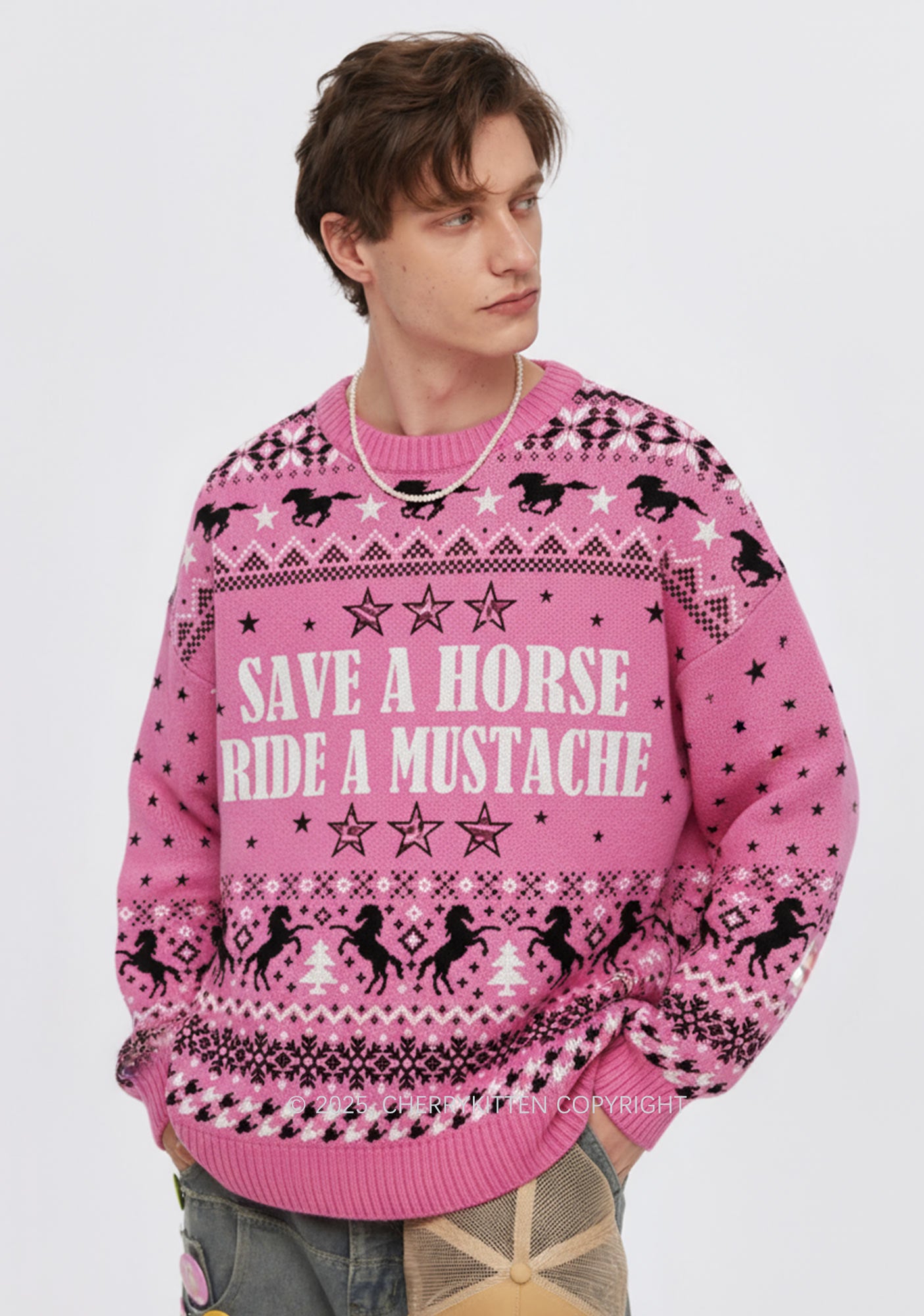 Ride A Mustache Y2K Christmas Knit Sweatshirt Cherrykitten
