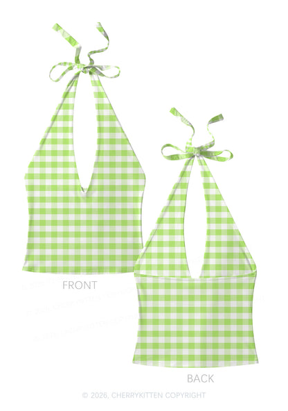 White Green Plaid Y2K Print Halter Deep V Neck Cami Cherrykitten