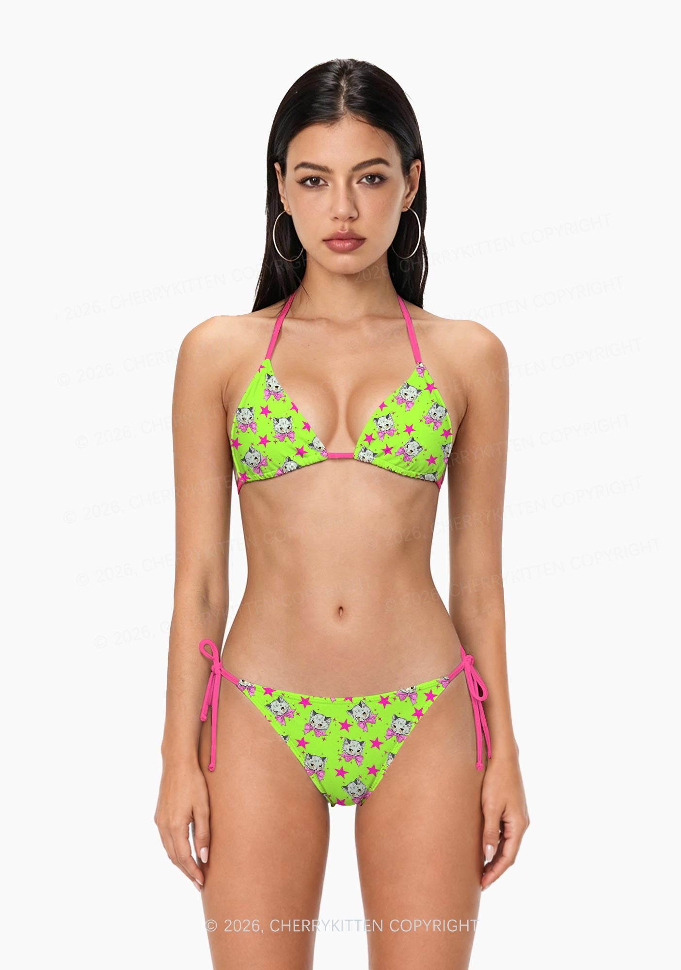 Pink Bow Cats Star Y2K Print Bikini Set Cherrykitten