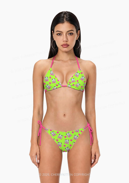 Pink Bow Cats Star Y2K Print Bikini Set Cherrykitten