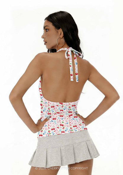 White Cherry Pie Y2K Print Halter Deep V Neck Cami Cherrykitten