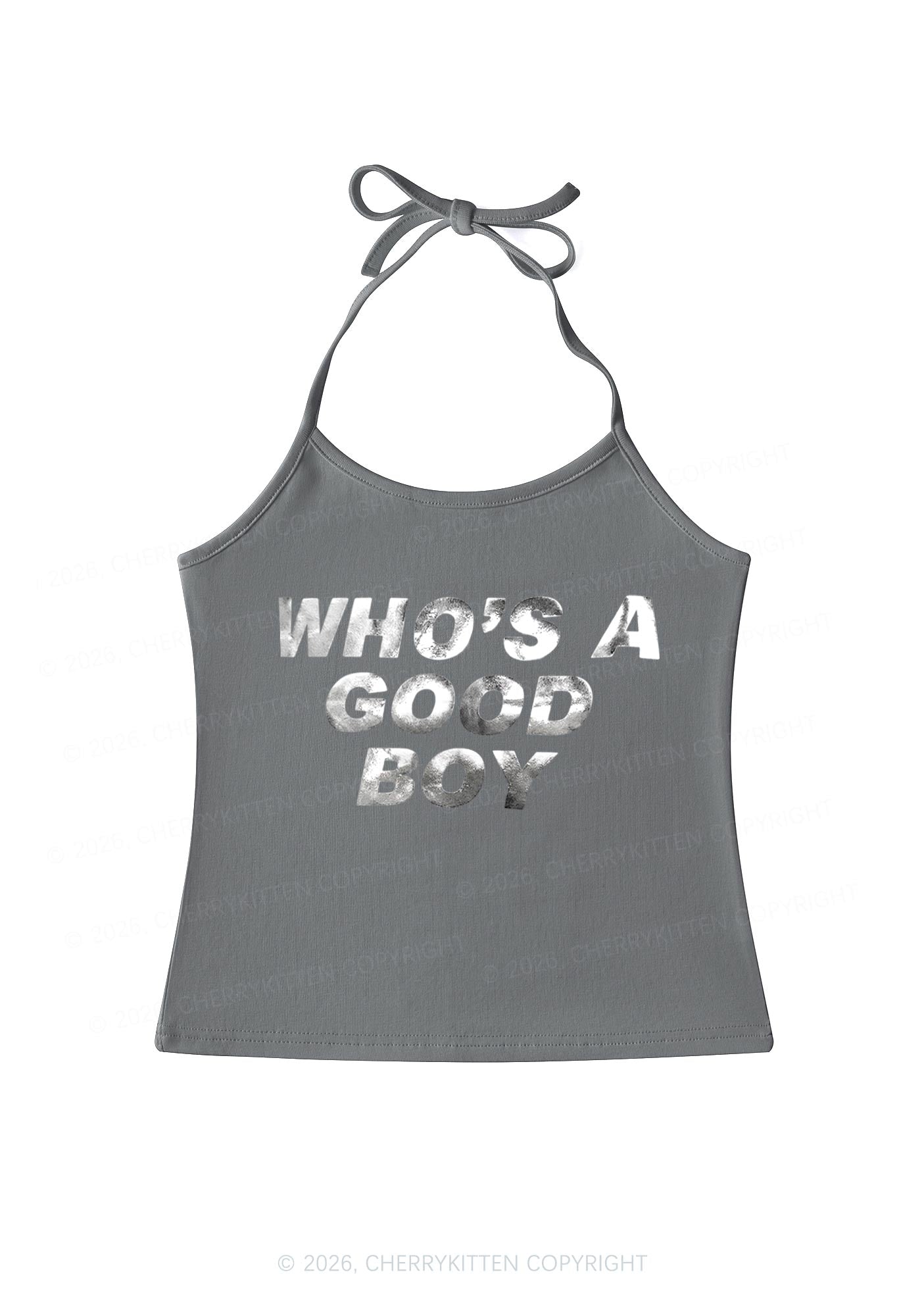 Whos A Good Boy Silver Foil Printed Y2K Halter Neck Cami Cherrykitten