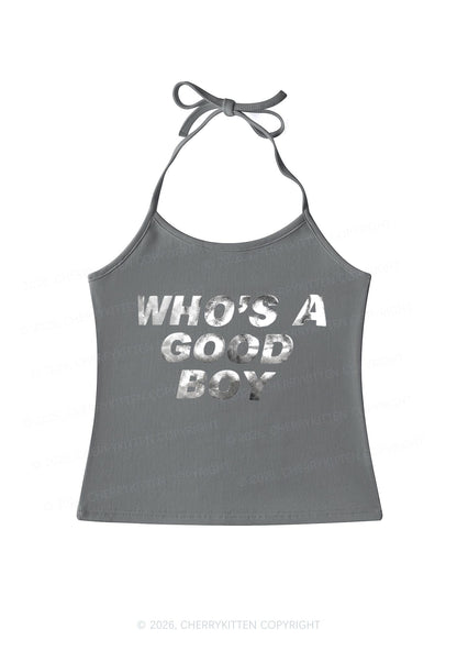 Whos A Good Boy Silver Foil Printed Y2K Halter Neck Cami Cherrykitten