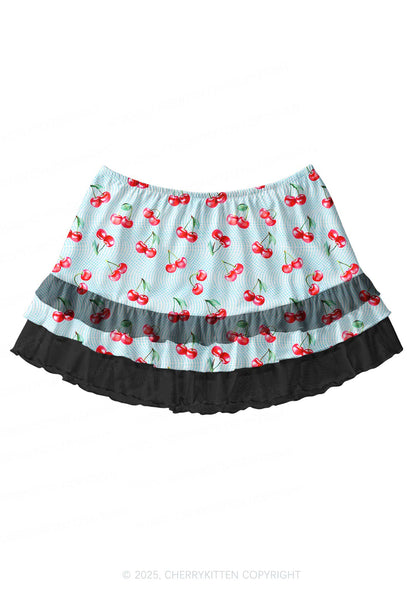 Blue Cherry Y2K Print Mini Layered Skirt Cherrykitten