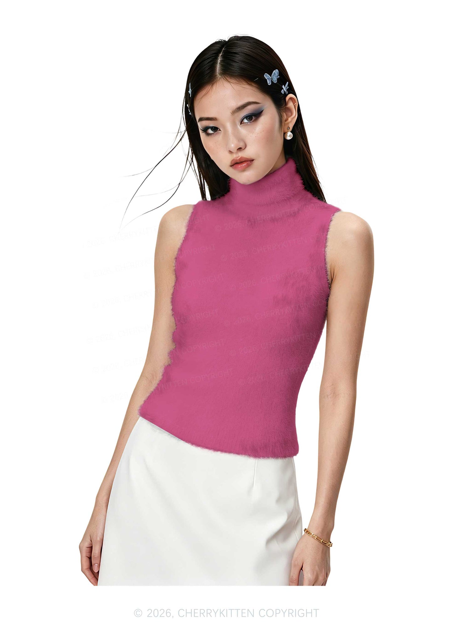 Plain Rose Red Y2K Knit Turtleneck Tank Top Cherrykitten
