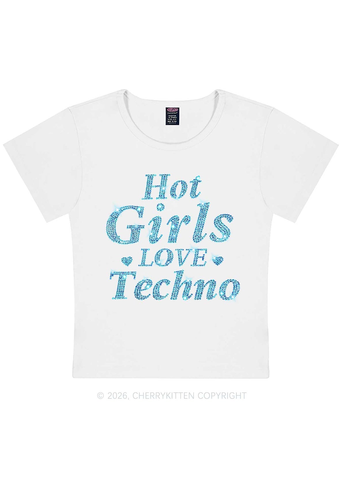 Rhinestone Blue Hot Girls Love Techno Y2K Baby Tee Cherrykitten