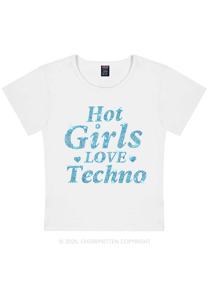 Rhinestone Blue Hot Girls Love Techno Y2K Baby Tee Cherrykitten