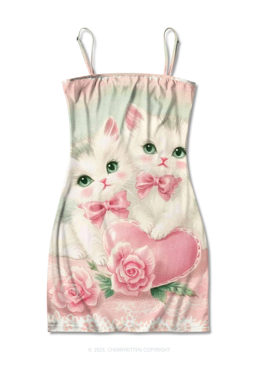 Rose Kitties Y2K Print Slip Dress Cherrykitten