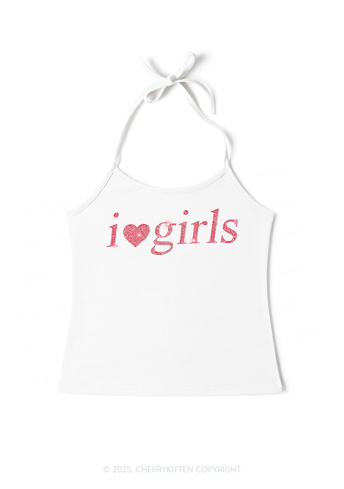 Rhinestone I Love Girls Y2K Halter Neck Cami Cherrykitten