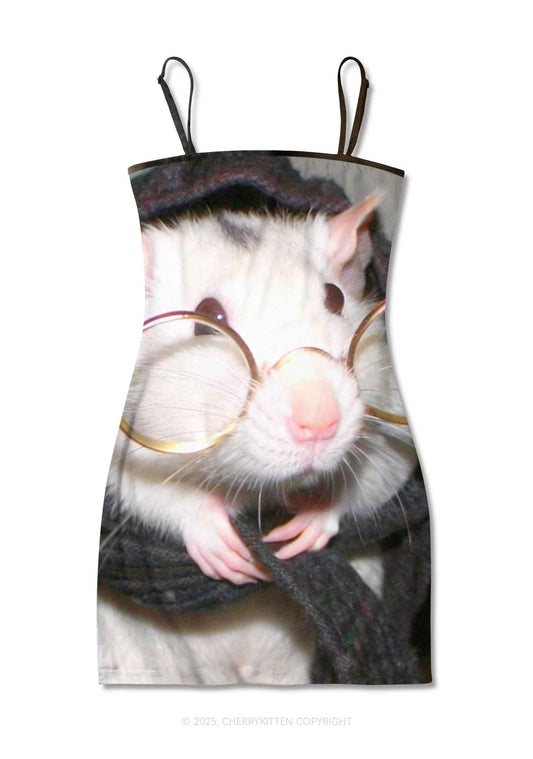 Glasses Rat Y2K Print Slip Dress Cherrykitten