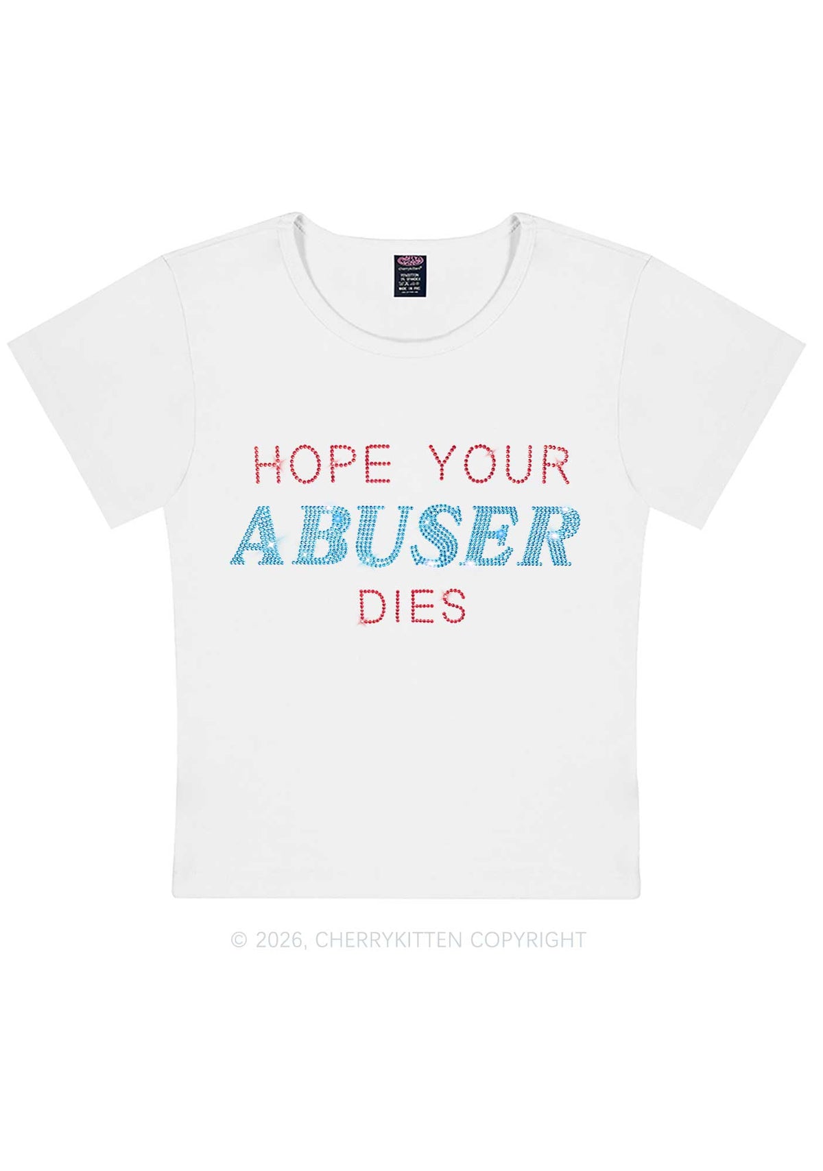 Rhinestone Hope Your Abuser Dies Y2K Baby Tee Cherrykitten